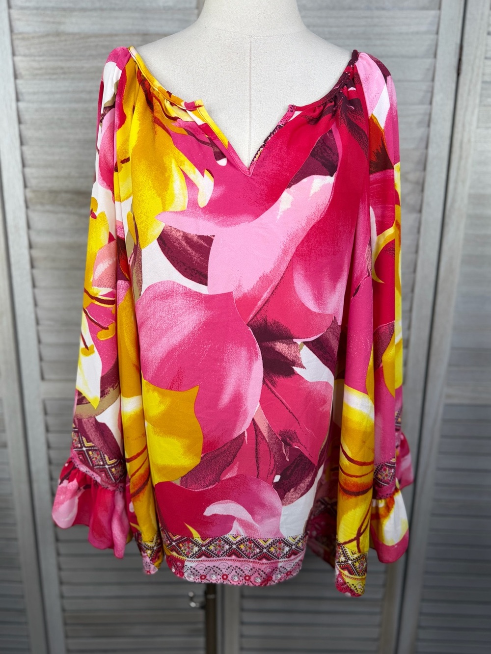 ASHLEY STEWART Women's Floral Print Kimono Sleeve Blouse Pink/Yellow-22/24